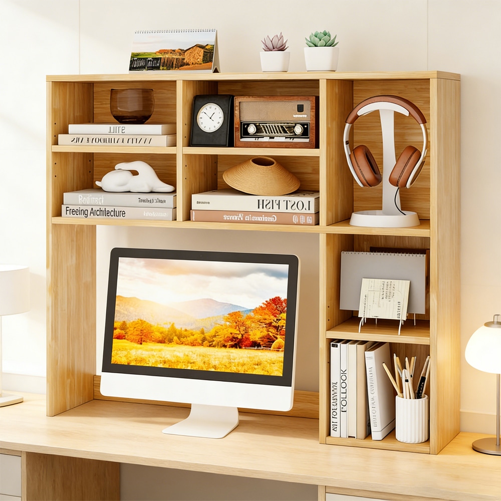 Desktop Bookshelf With 7 Open Cubbies And 3 Adjustable Shelves_voghion.com